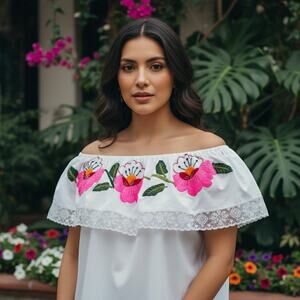 Mexican Embroidered Blouse – Handmade Floral 21x26 in size Lg to Xlarge
